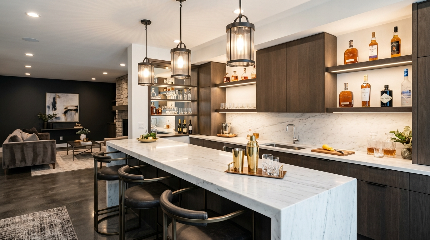 Add layered lighting for a warm bar atmosphere